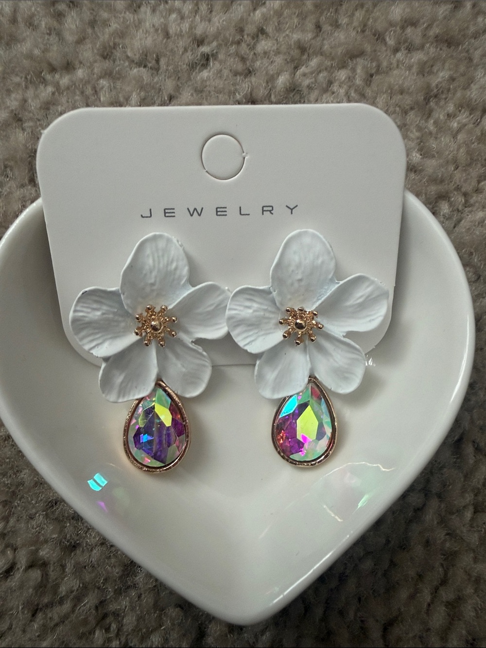 White Floral Drop Earrings with Iridescent Teardrops